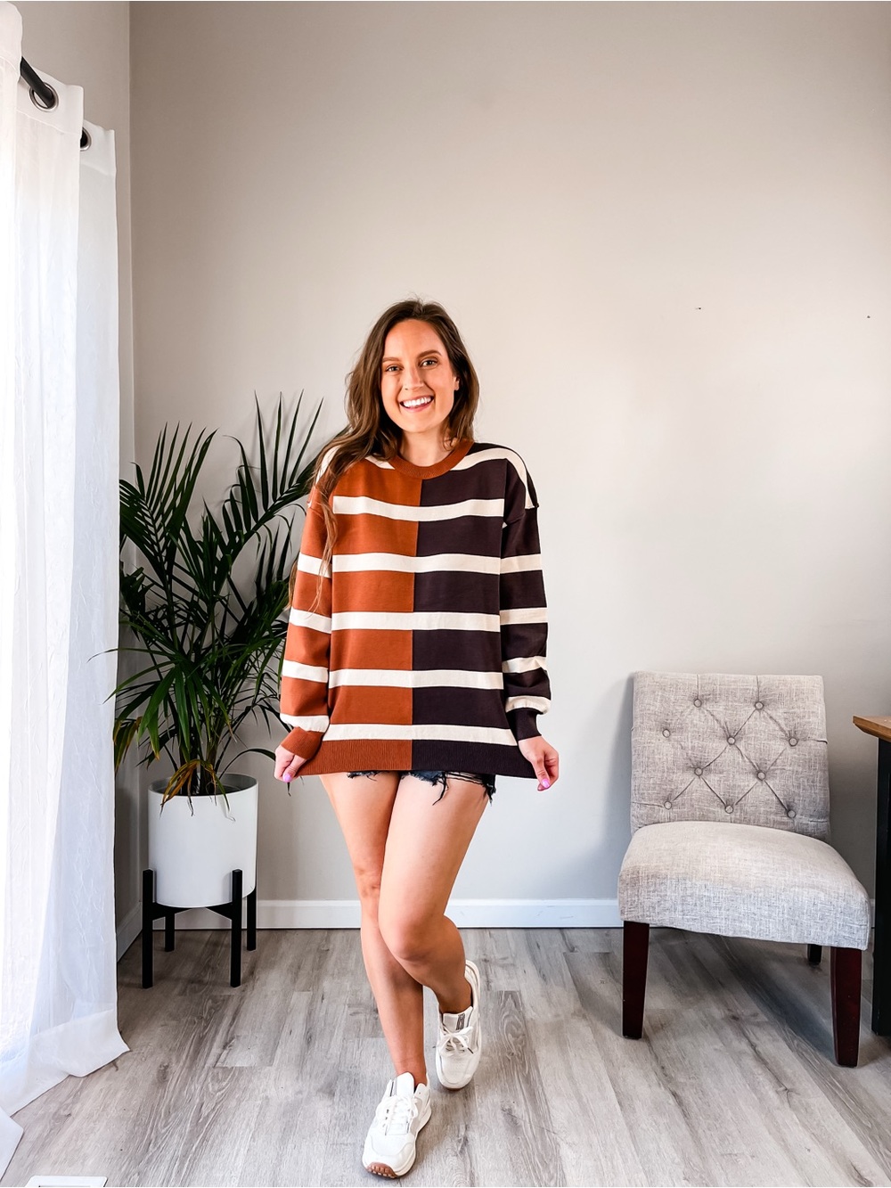 zeagoo Colorblock Striped Crewneck Sweater in Brown, Cream & Black